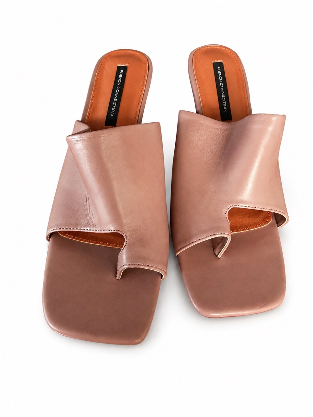 Y2K-inspired French Connection blush-pink heeled mules, size 9.5.